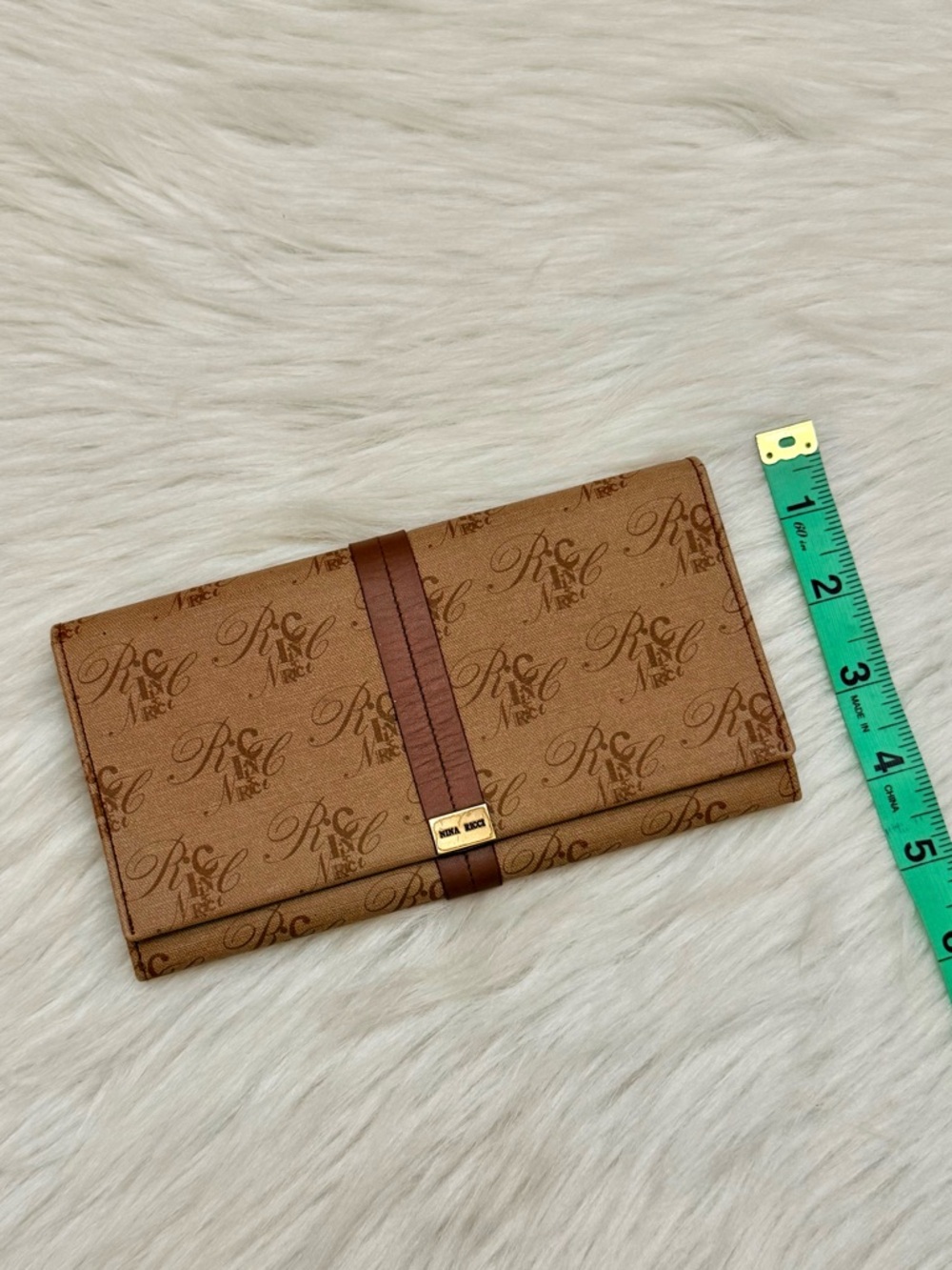NINA RICCI - BROWN TAN CANVAS LEATHER MONOGRAM LONG BIFOLD SNAP WALLET - Picture 12 of 12